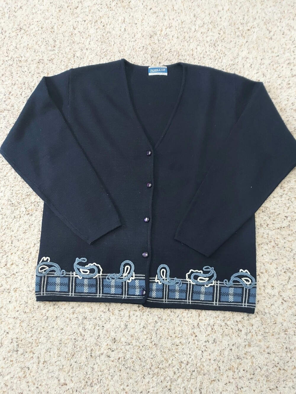 Vintage Pendleton Wool Cardigan Sweater Navy With Plaid And Paisley Embroidery L